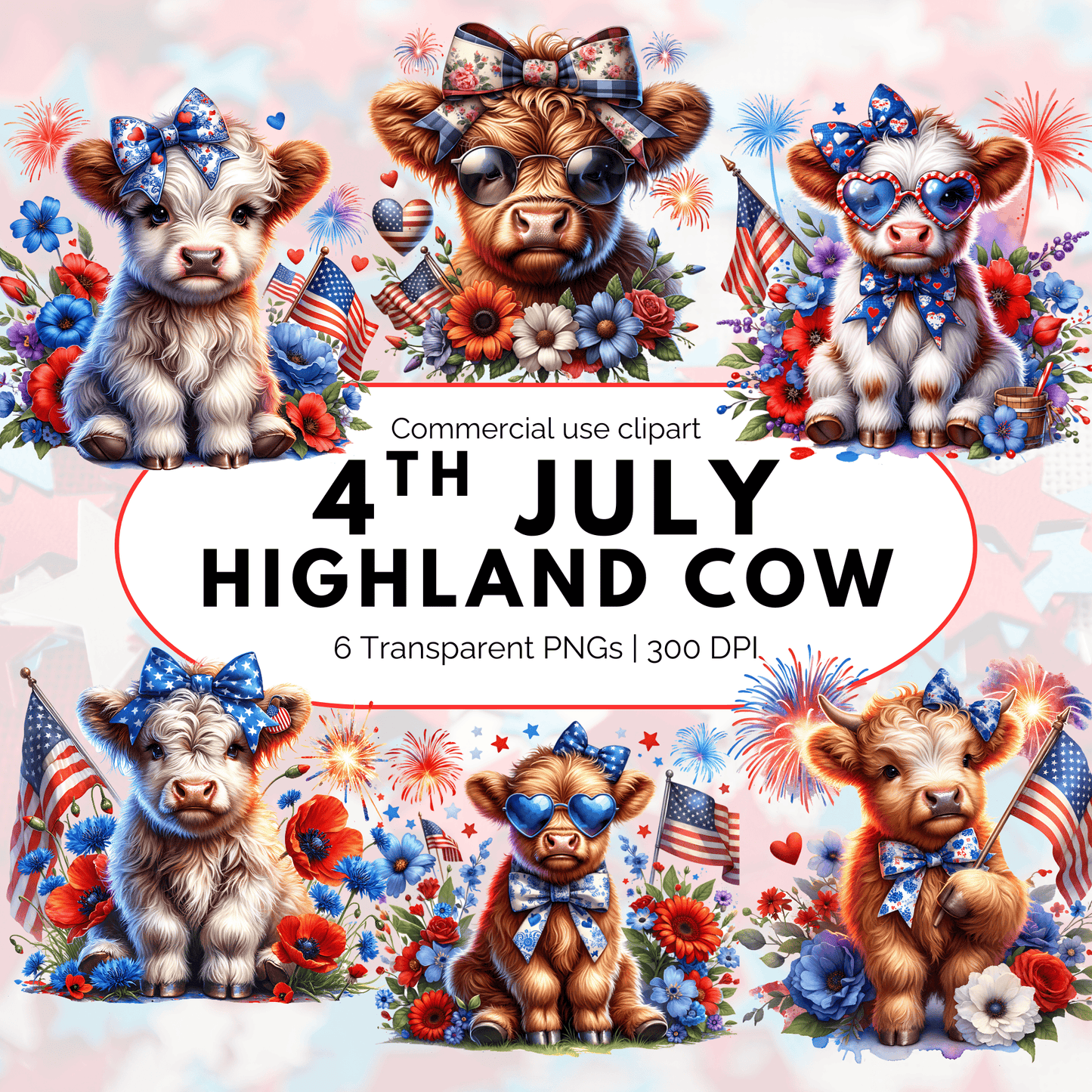 4th of July Coquette Highland Cow Clipart