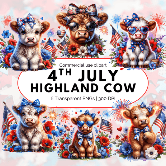 4th of July Coquette Highland Cow Clipart