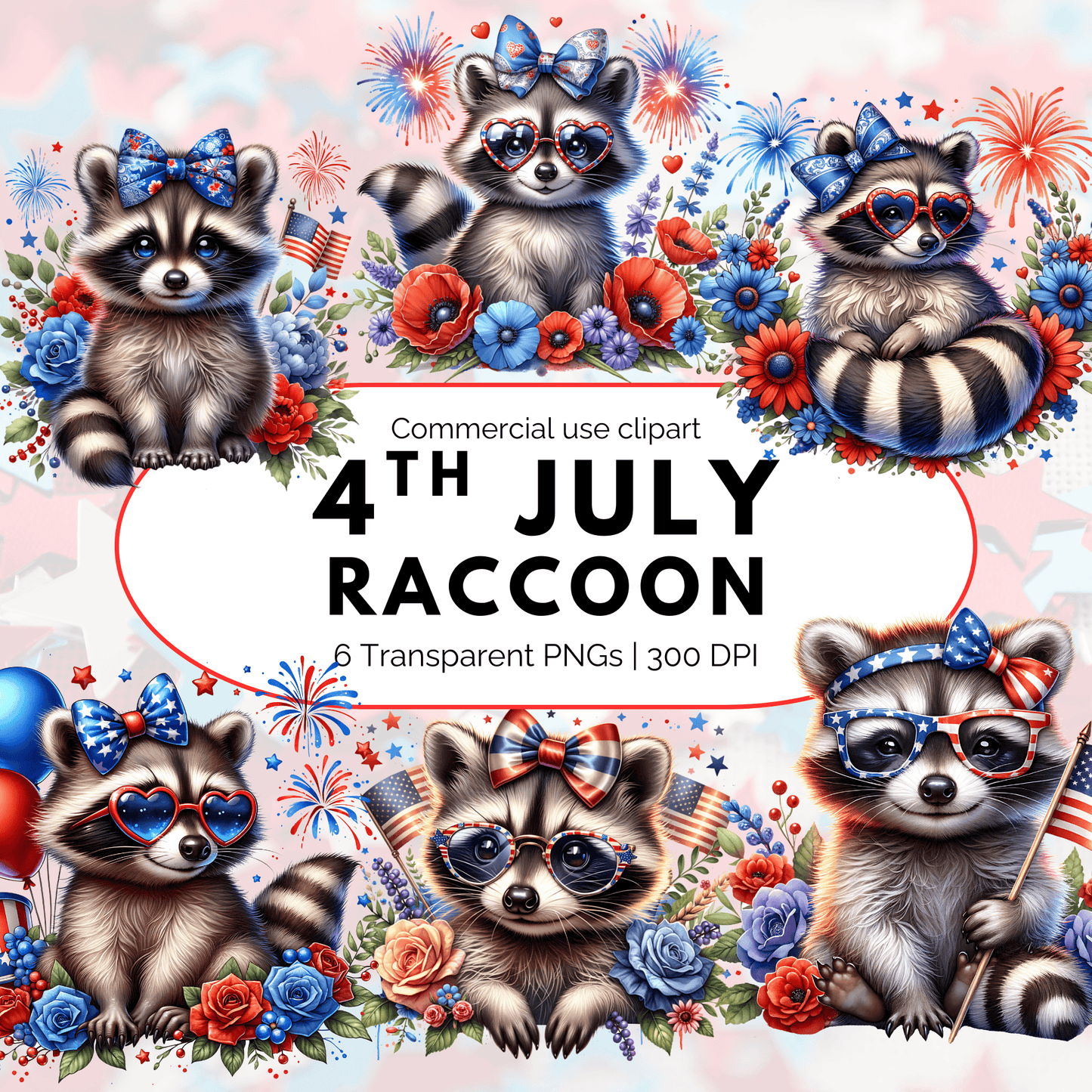 4th of July Coquette Raccoon Clipart