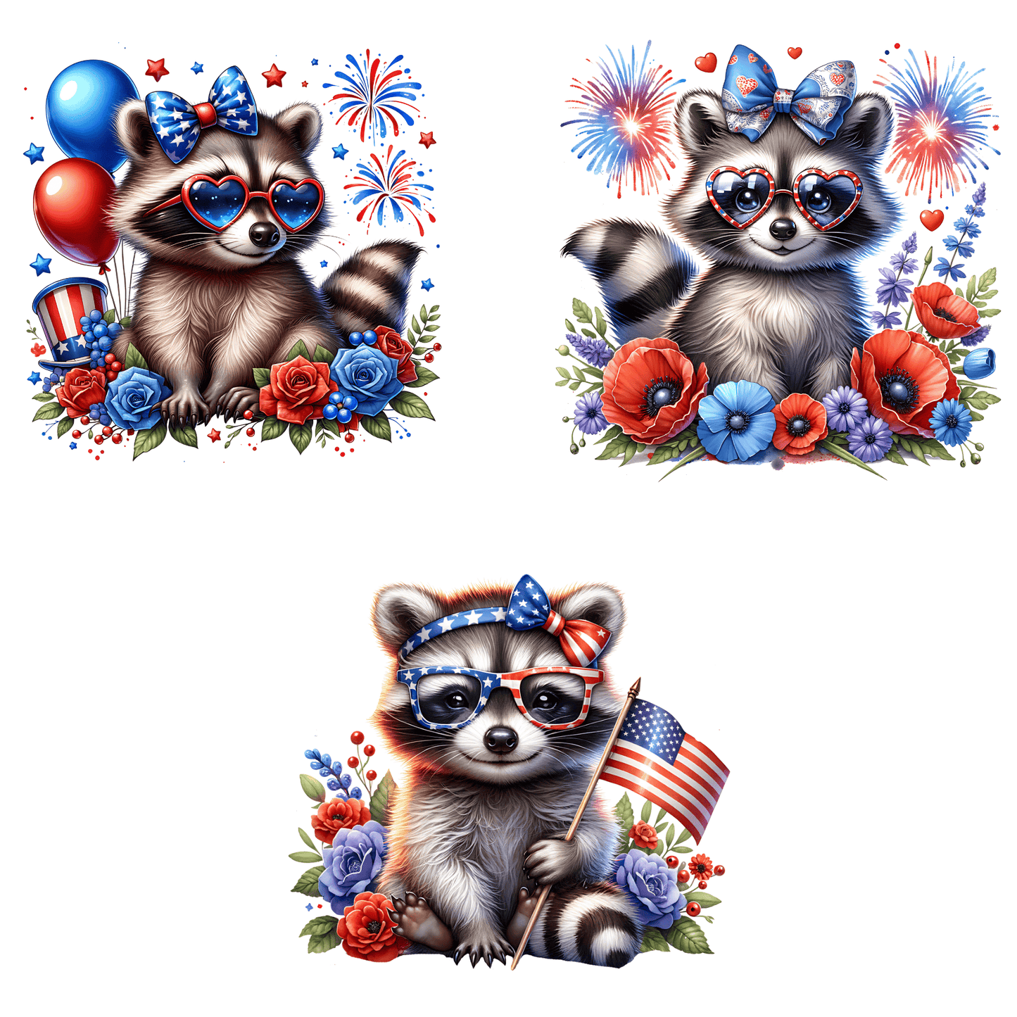 two pictures of a raccoon wearing patriotic glasses