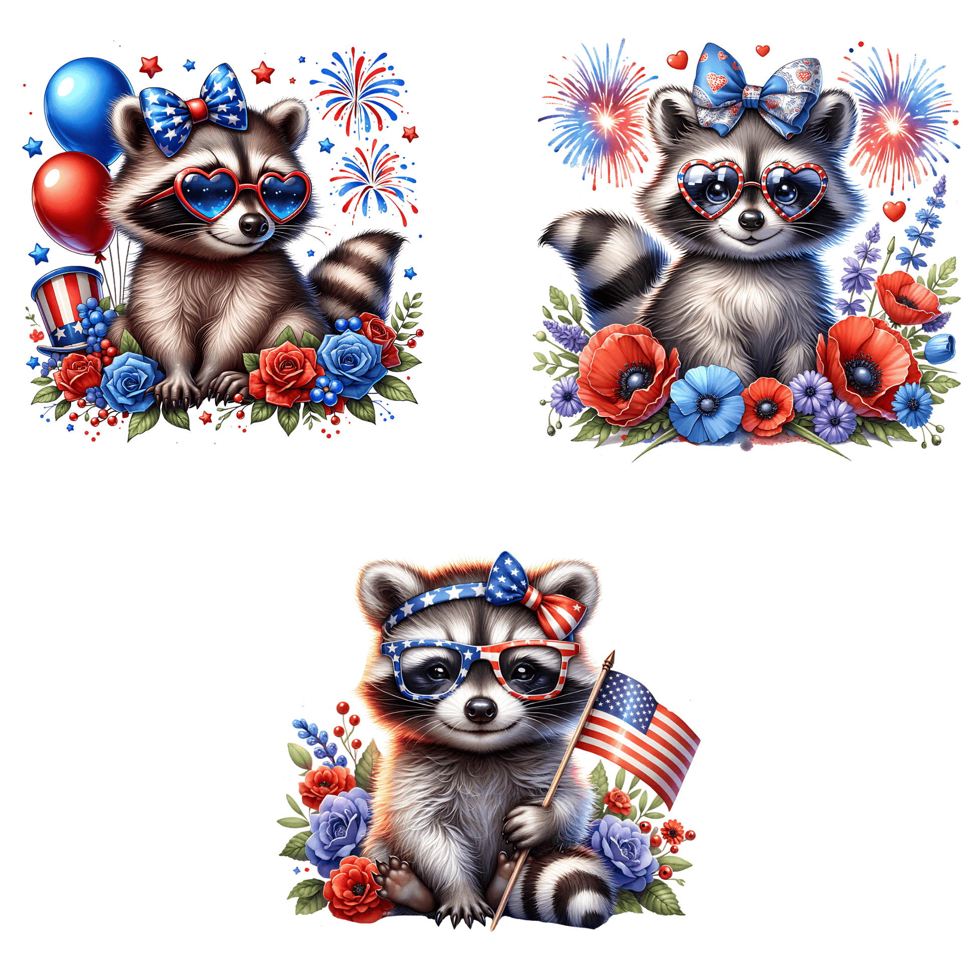two pictures of a raccoon wearing patriotic glasses