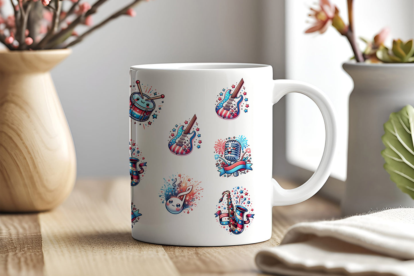 a white coffee mug sitting on top of a wooden table