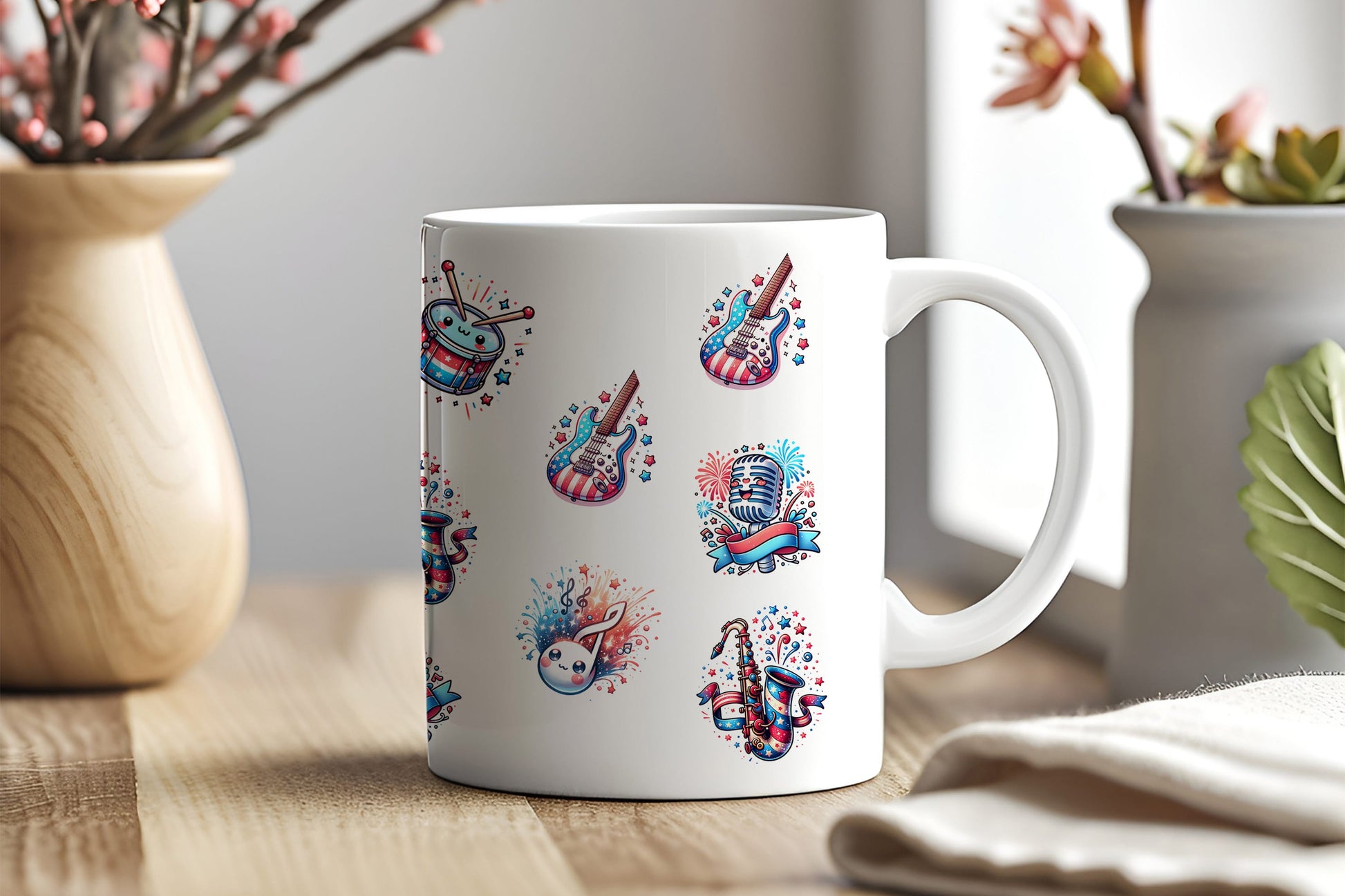 a white coffee mug sitting on top of a wooden table