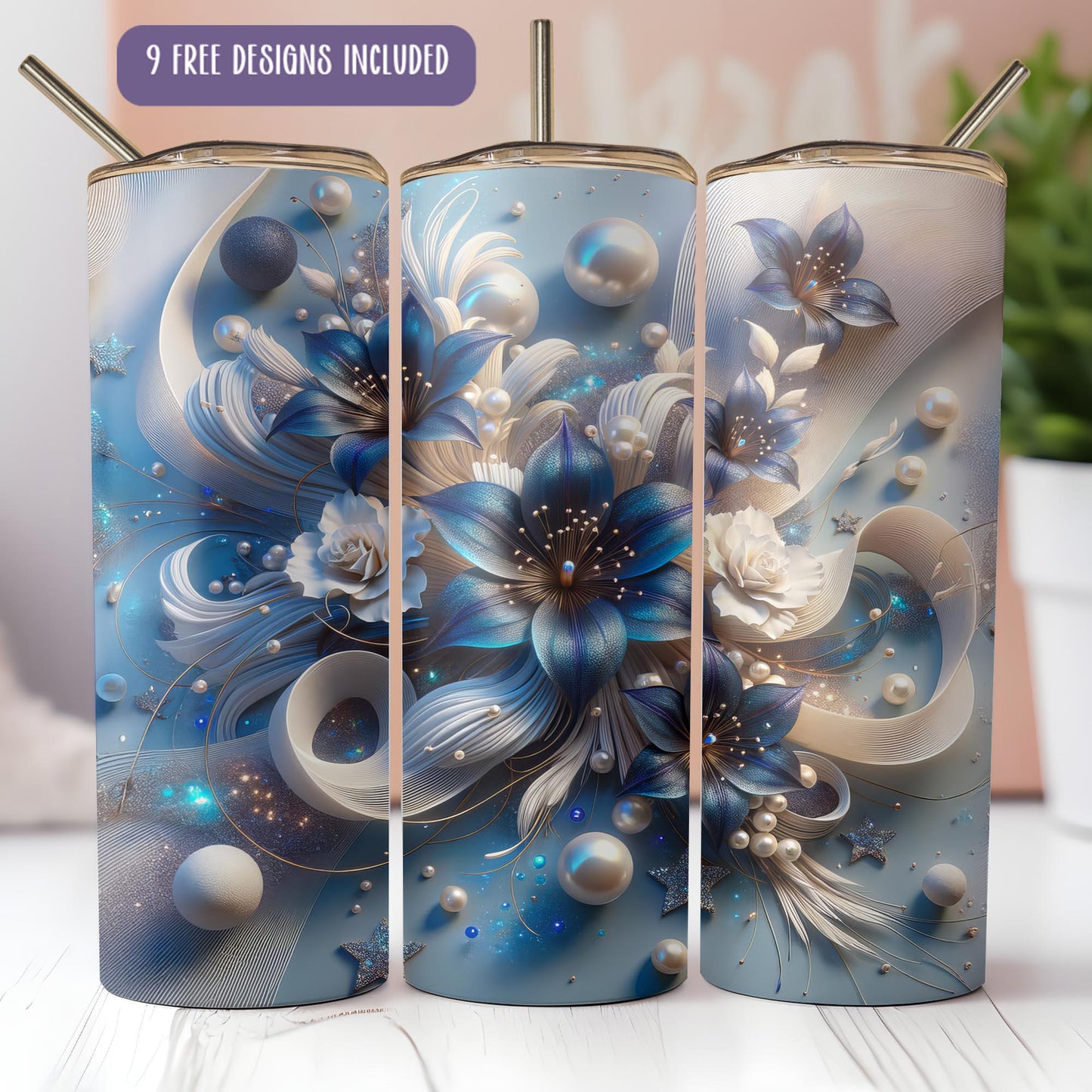 a set of three blue and white vases sitting on top of a table