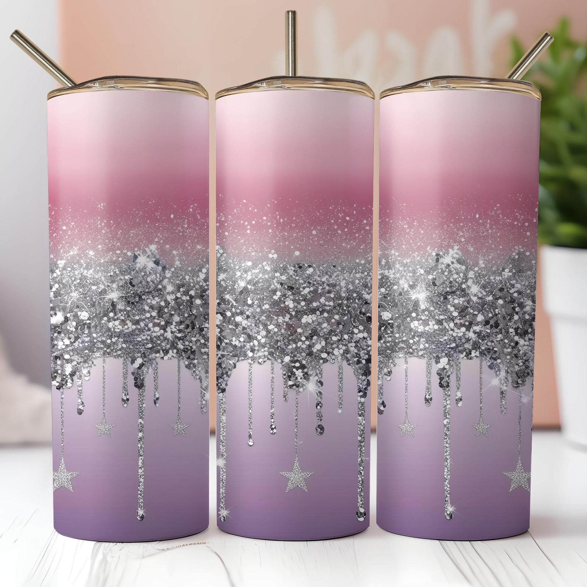 a pair of pink and purple tumbles with silver glitter