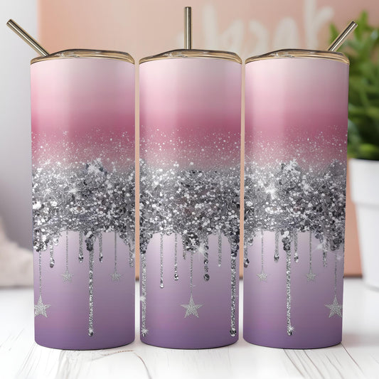 a pair of pink and purple tumbles with silver glitter