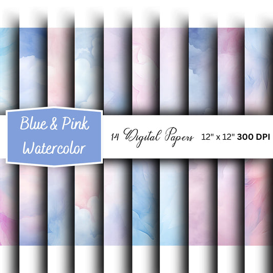 Blue & Pink Watercolor Digital Papers