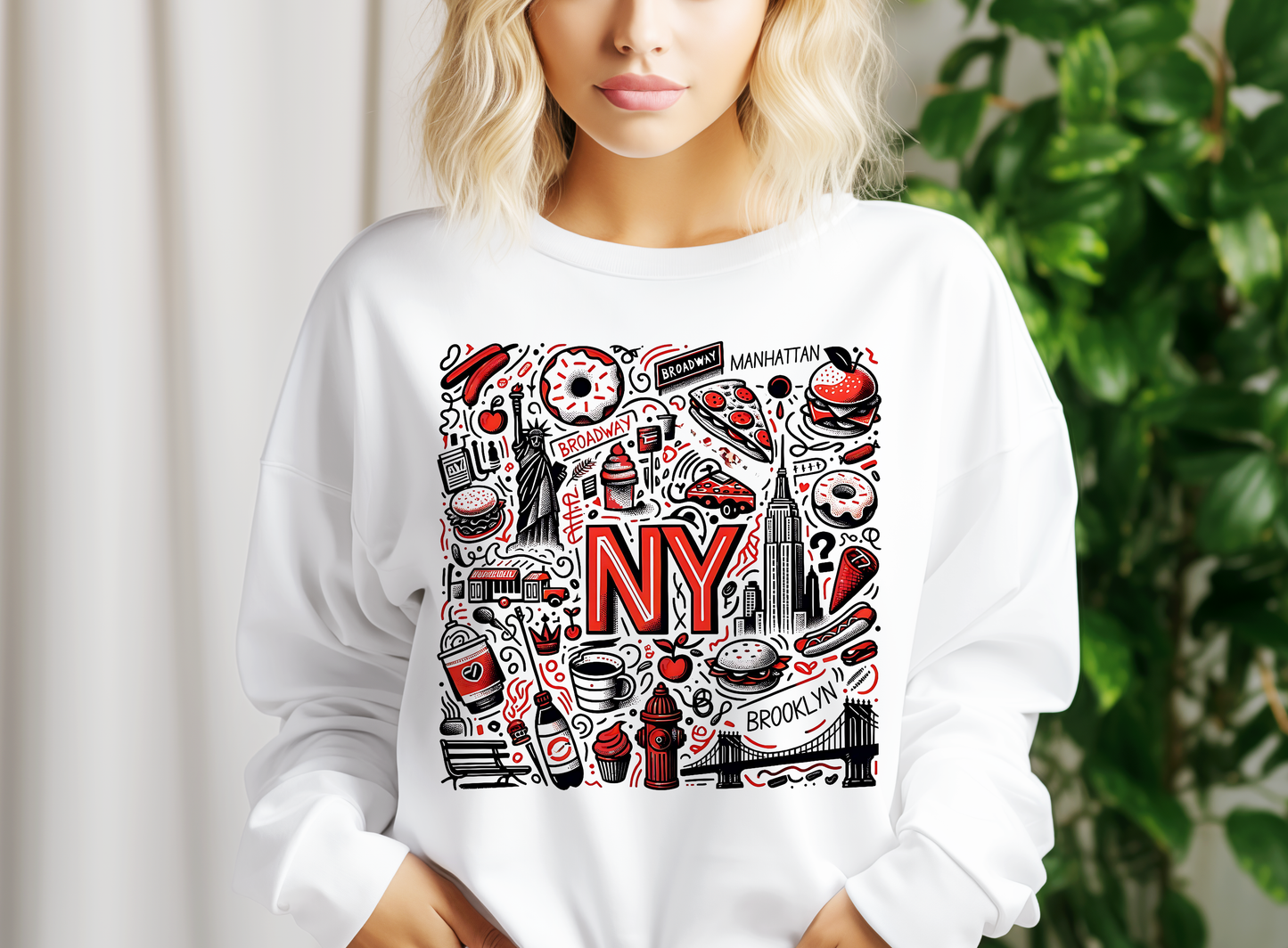 A woman wearing a white sweatshirt with a graphic design featuring various New York City-related icons and text.