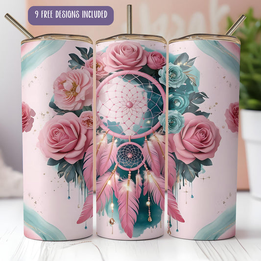 a set of three pink and blue flowers and a dream catcher
