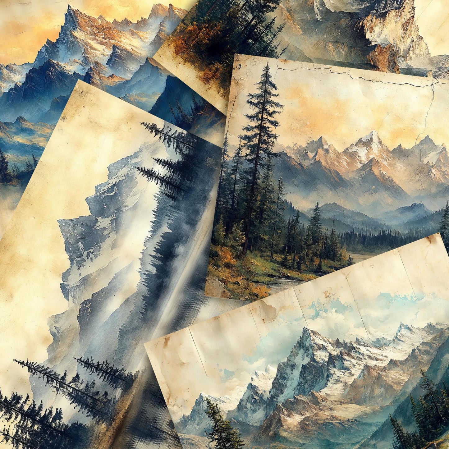 Páginas imprimibles para álbumes de recortes con diseño de montañas de acuarela