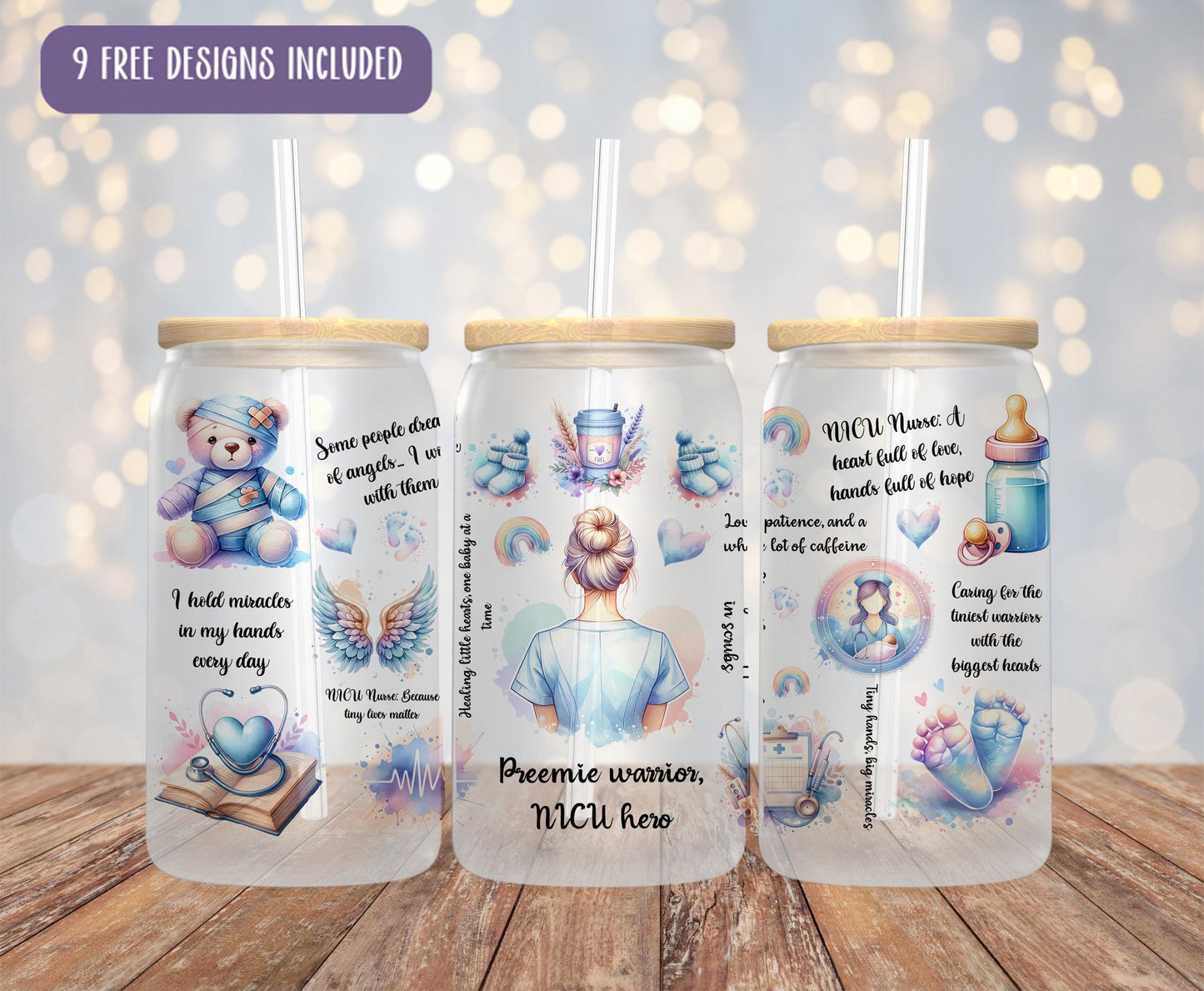 a set of three personalized baby bottles on a wooden table