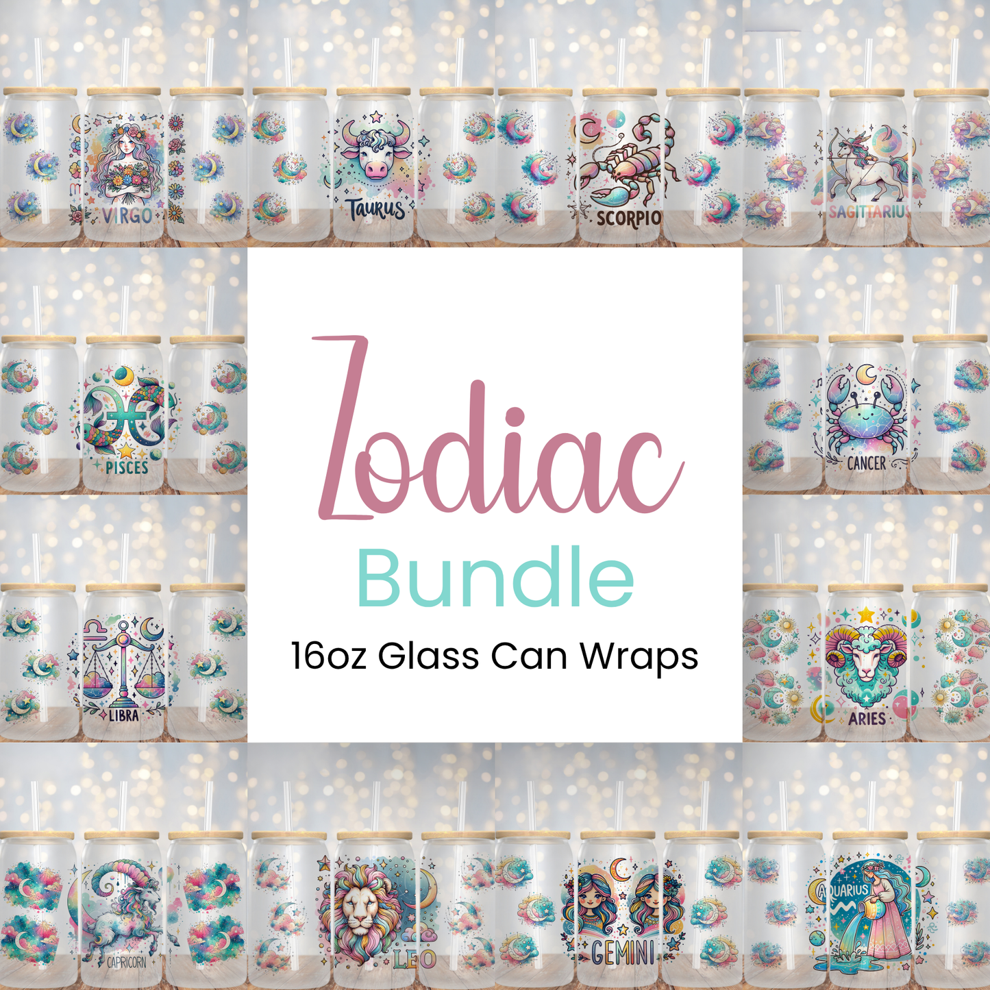 a display of zodiac glass can wraps