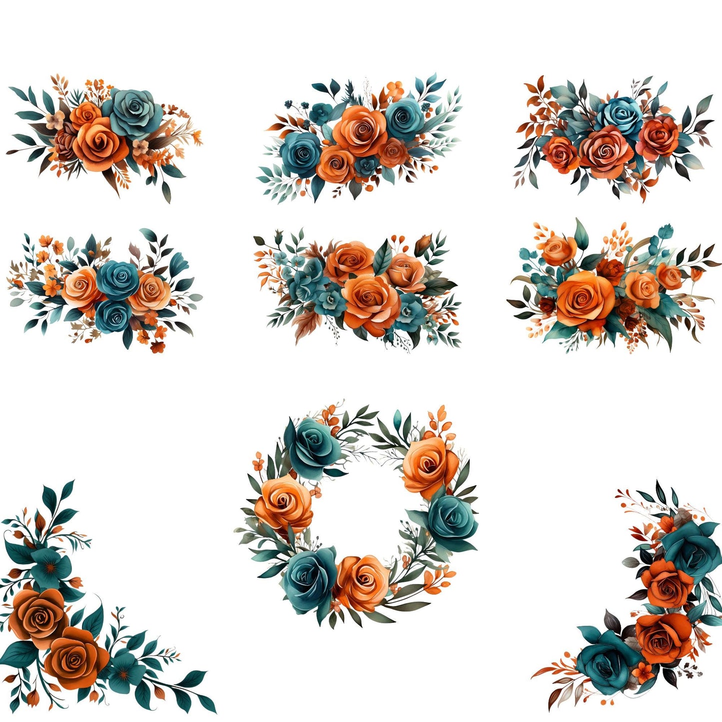 Clipart de color naranja quemado y verde azulado oscuro