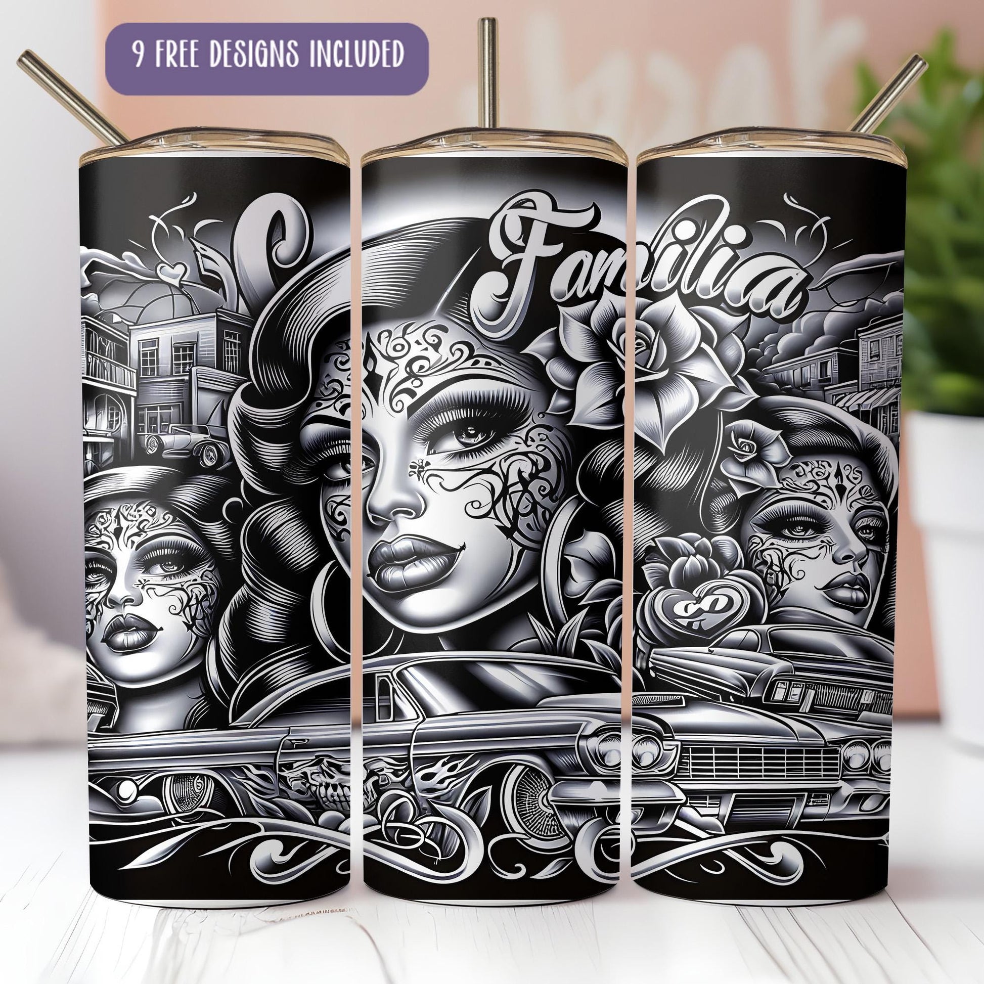 a set of three black and white canisters with a woman's face