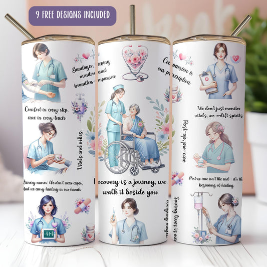 a set of three travel mugs with different illustrations on them