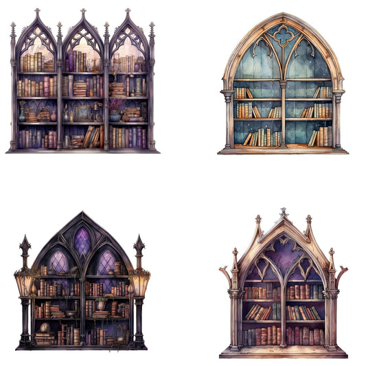 Watercolor Gothic Bookshelf Clipart