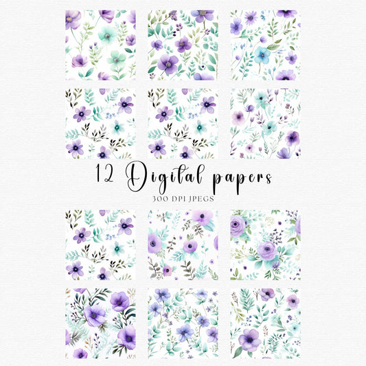 Purple and Mint Green Floral Digital Papers