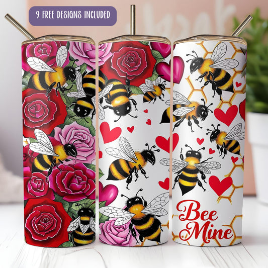 a set of three tumbles with bees and roses on them