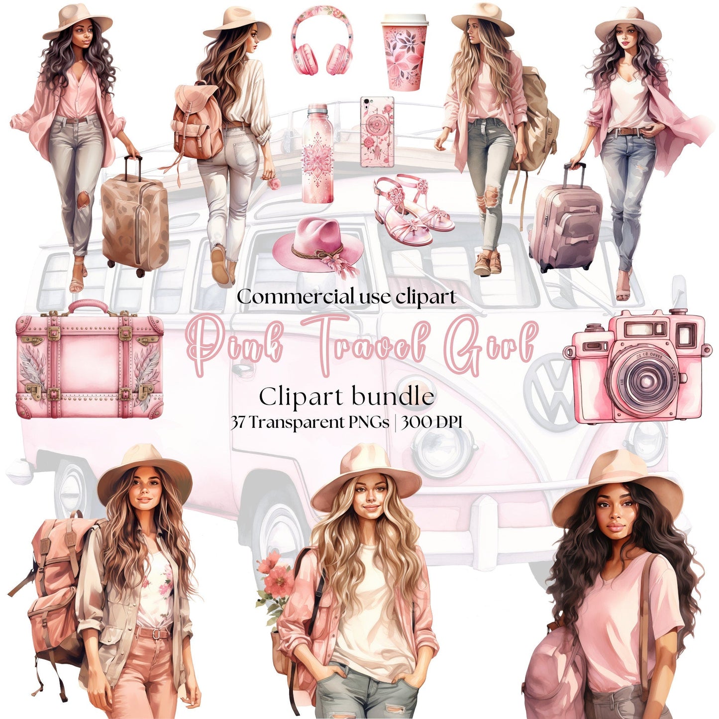 Watercolor Pink Travel girl clipart