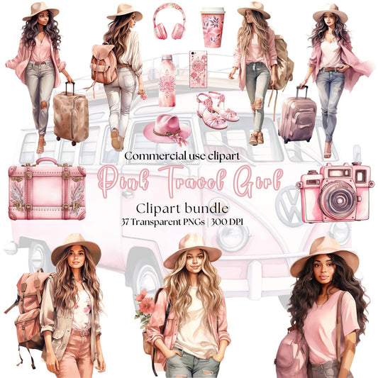 Watercolor Pink Travel girl clipart