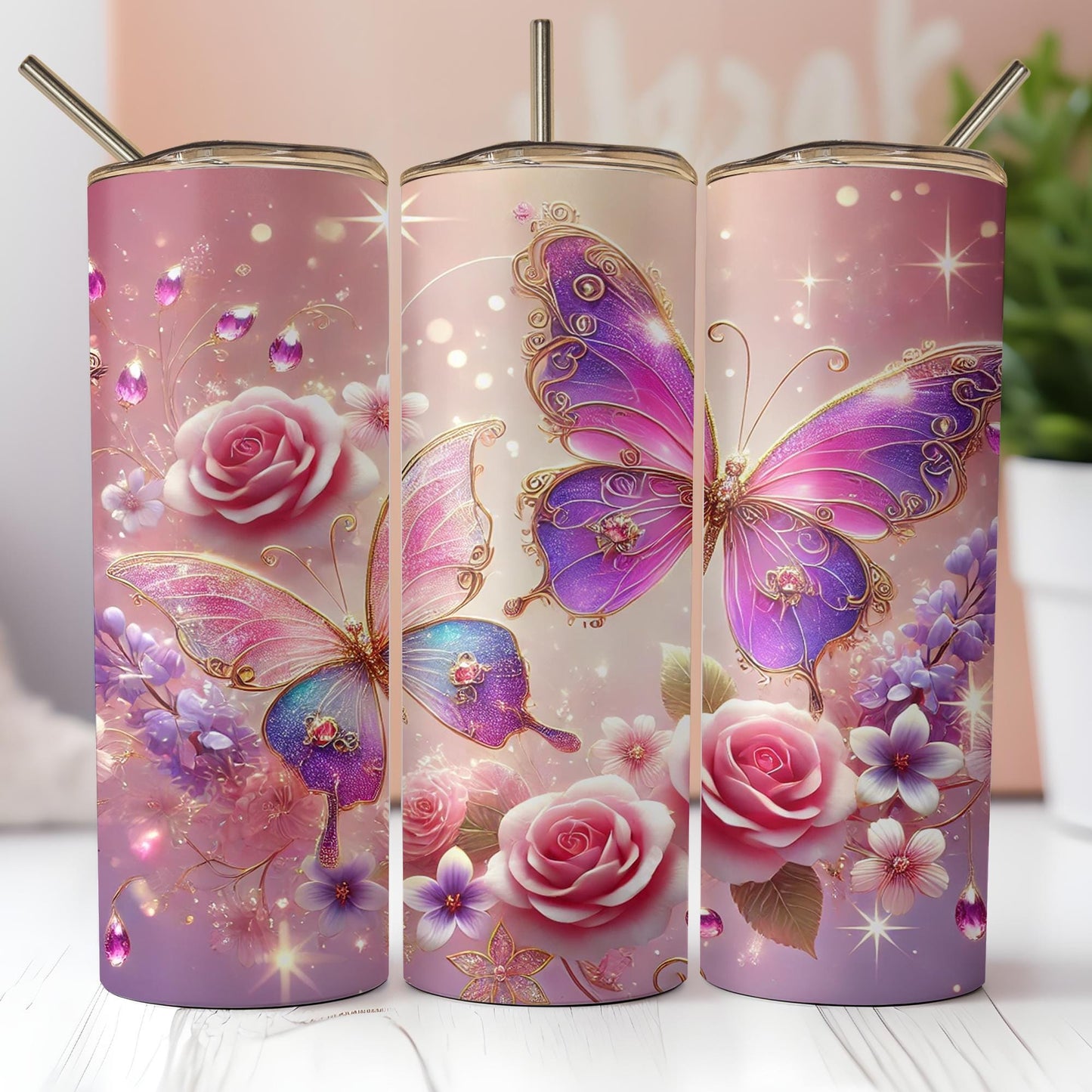 a set of three pink and purple vases with butterflies and roses on them