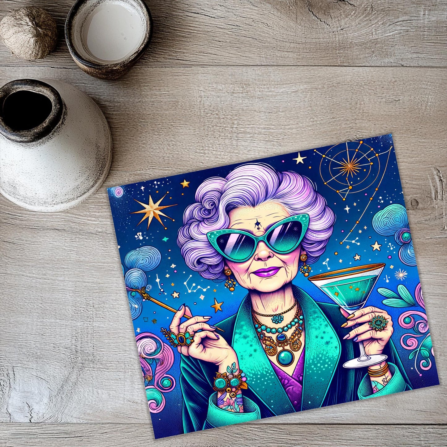 a painting of a woman holding a drink