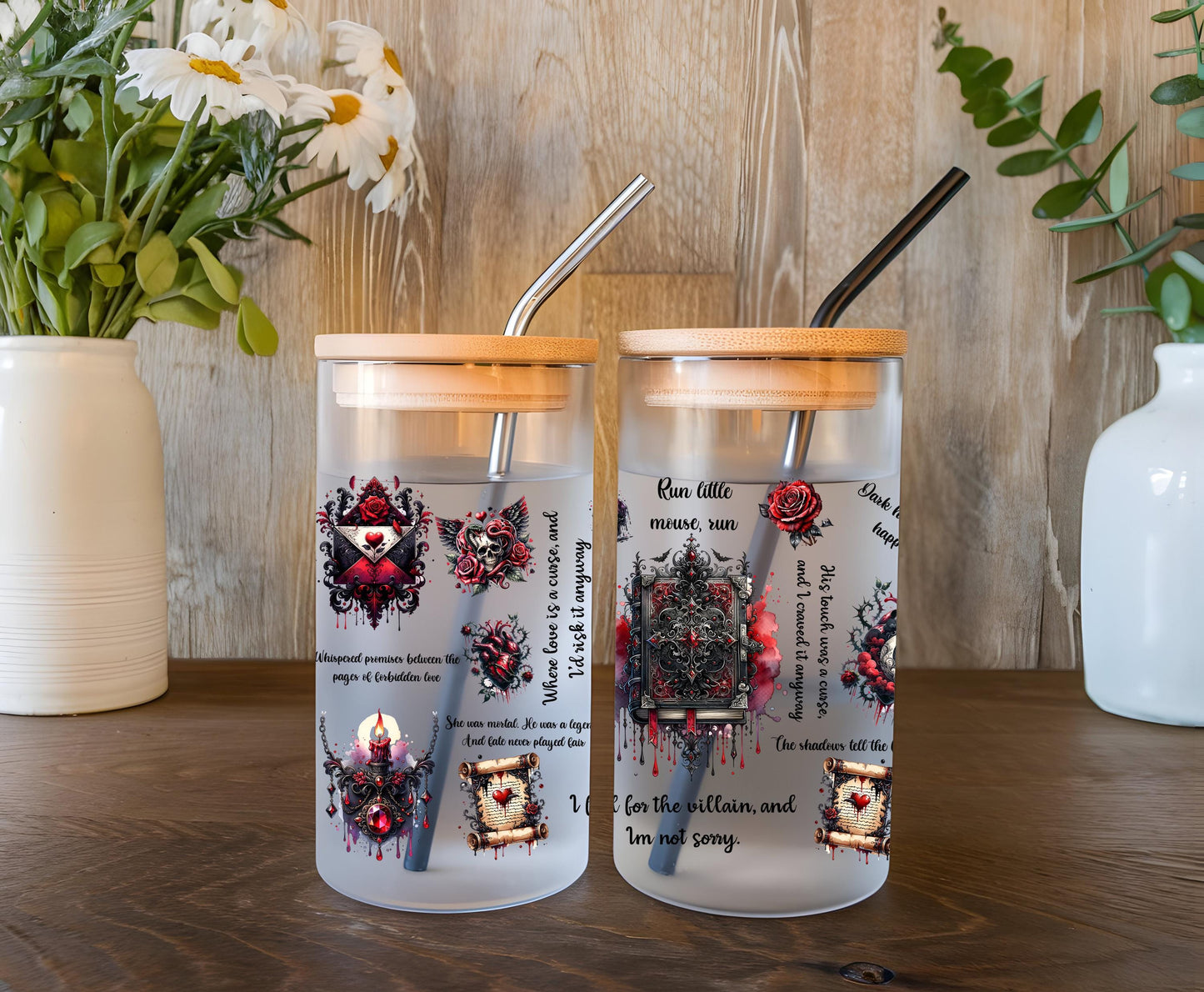 a couple of jars sitting on top of a wooden table