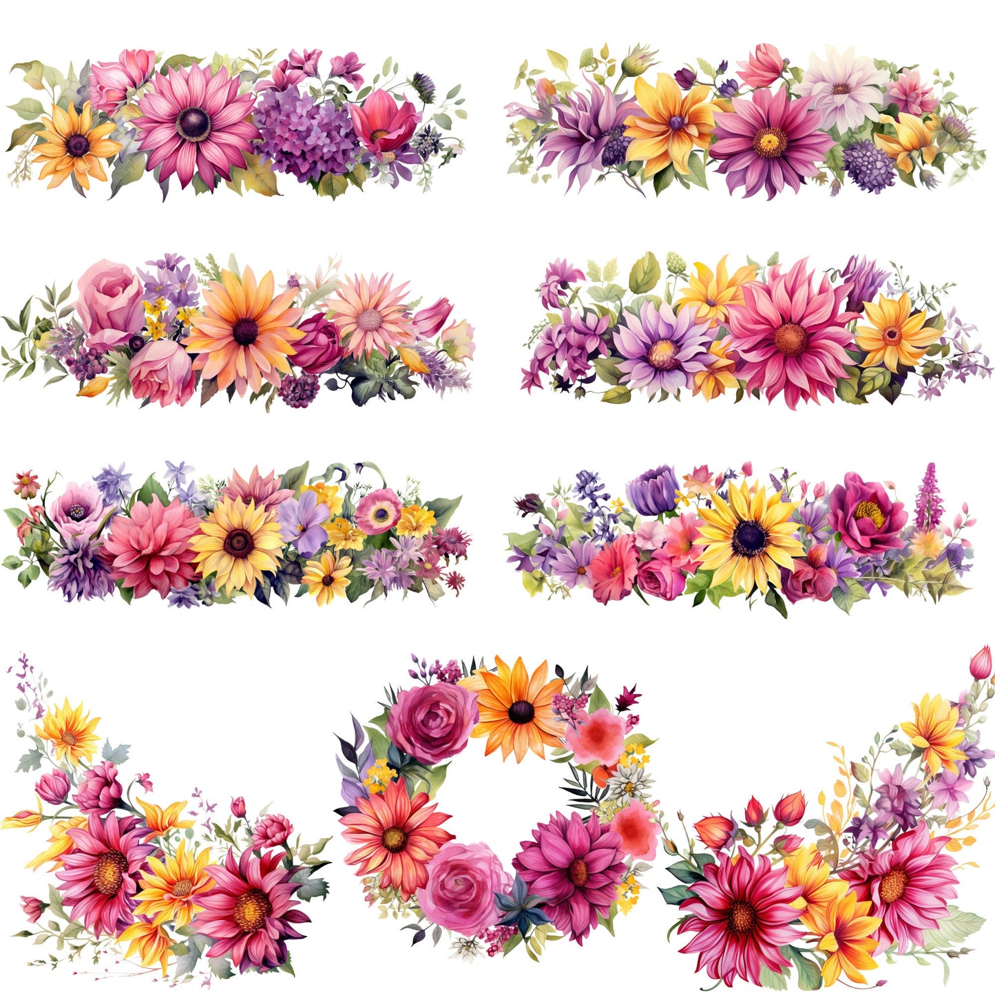 Clipart floral de verano en acuarela