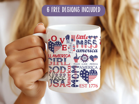 a woman is holding a coffee mug with american flags