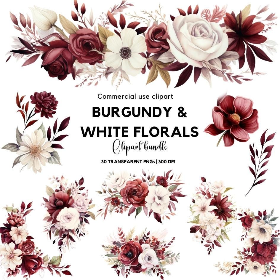 Clipart floral burdeos y blanco