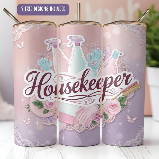 a set of three pink tumblers with the words housekeeper on them