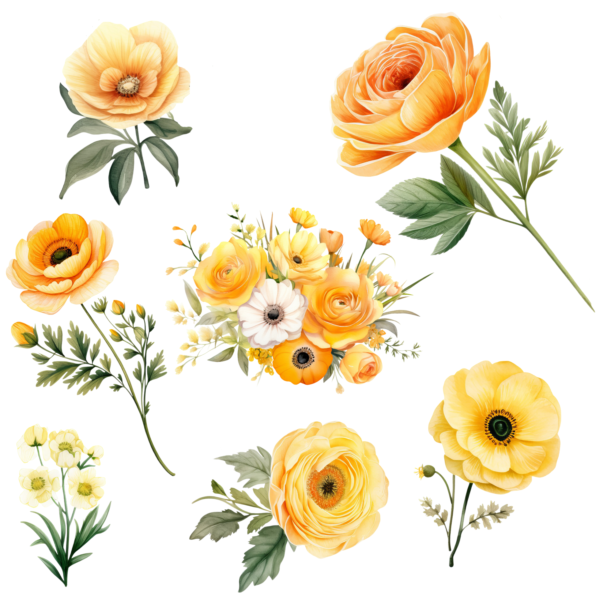 a bunch of yellow flowers on a white background