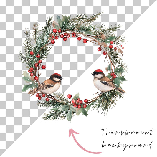 Winter Wreath with Birds Clipart Single