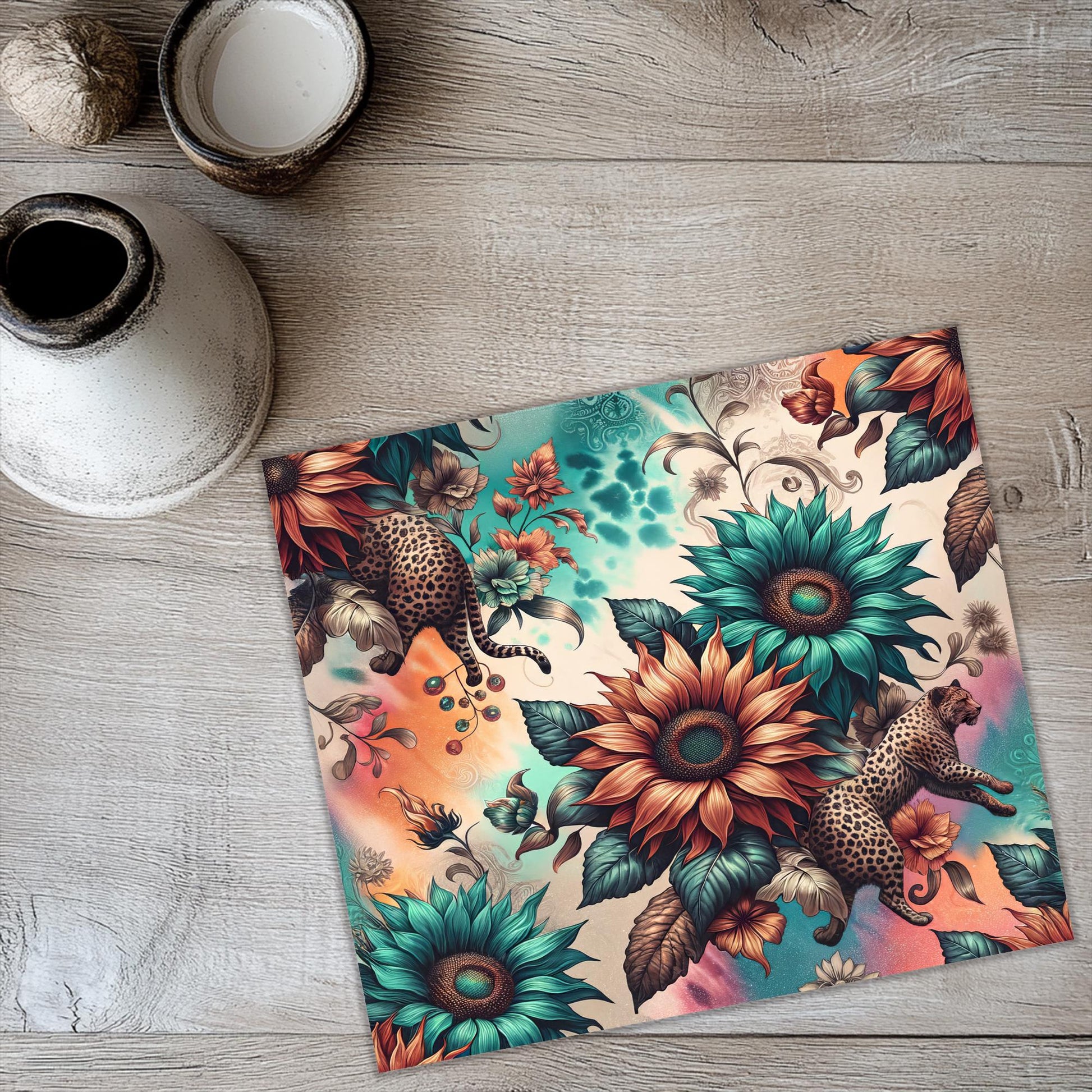 a placemat with a picture of a leopard surrounded by sunflowers