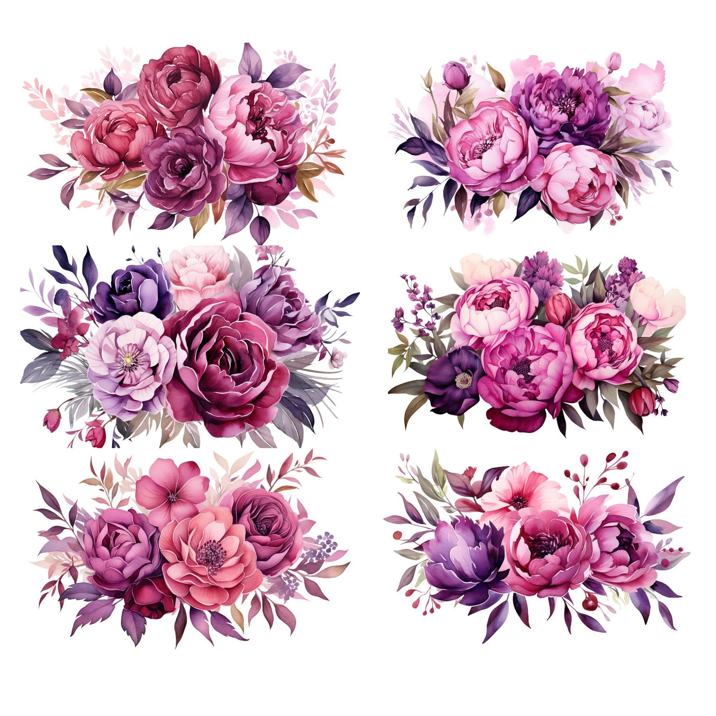 Watercolor Dark Pink and Purple Floral Clipart
