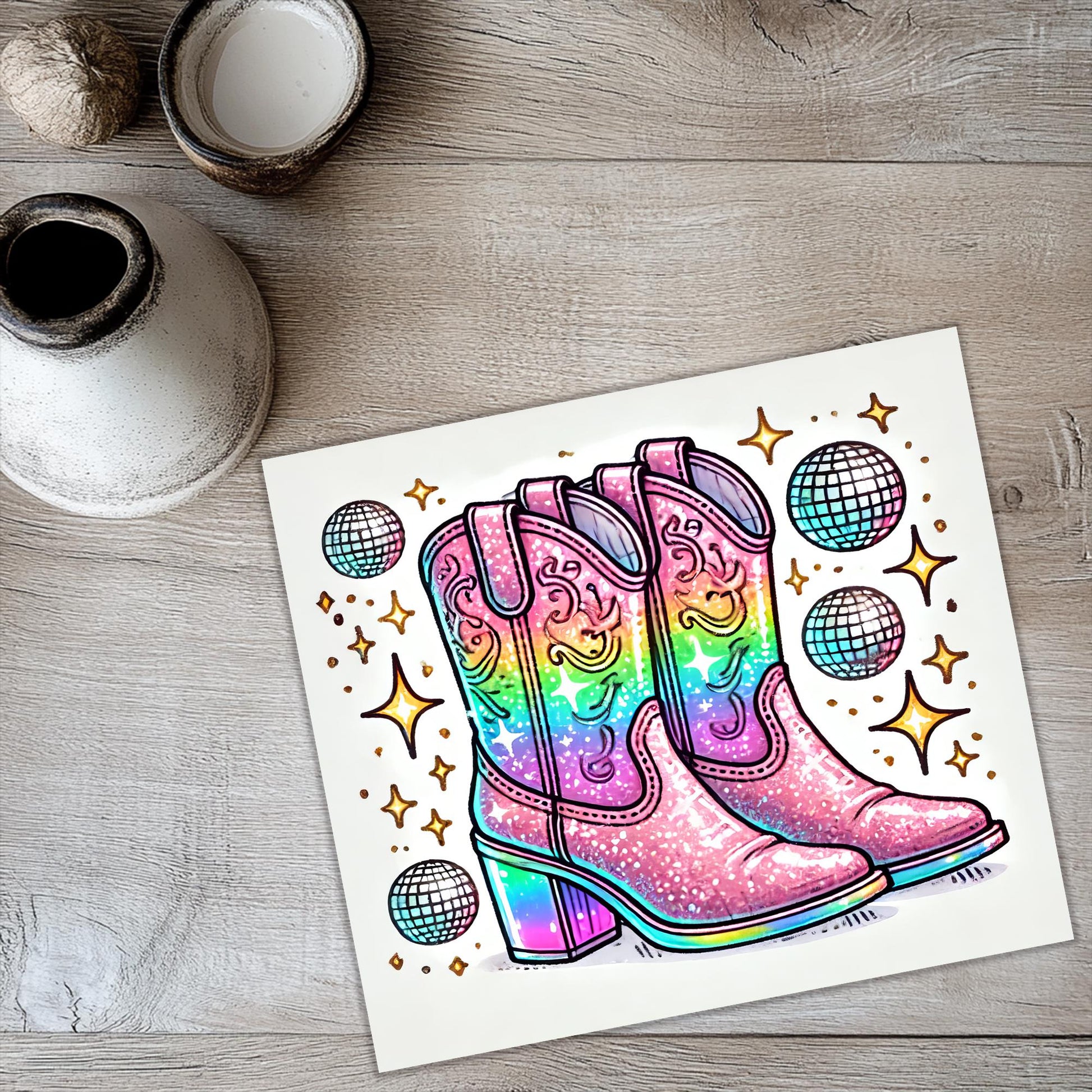 a drawing of a boot with stars and disco balls