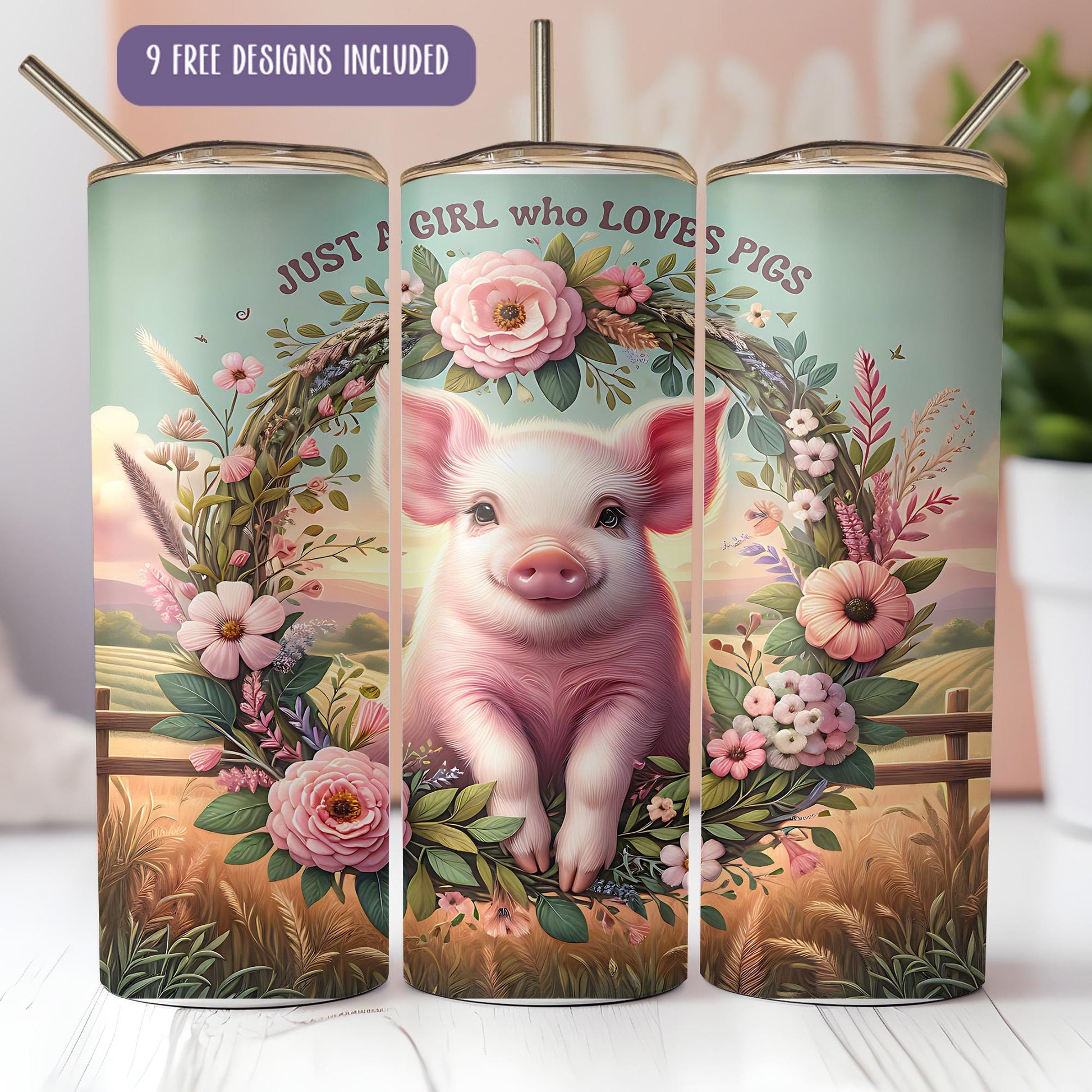 a pink pig with a wreath of flowers on it's head is sitting in