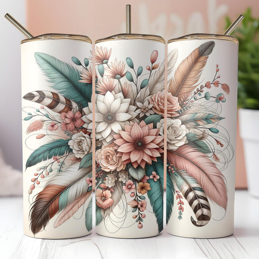 three decorative canisters with flowers and feathers painted on them