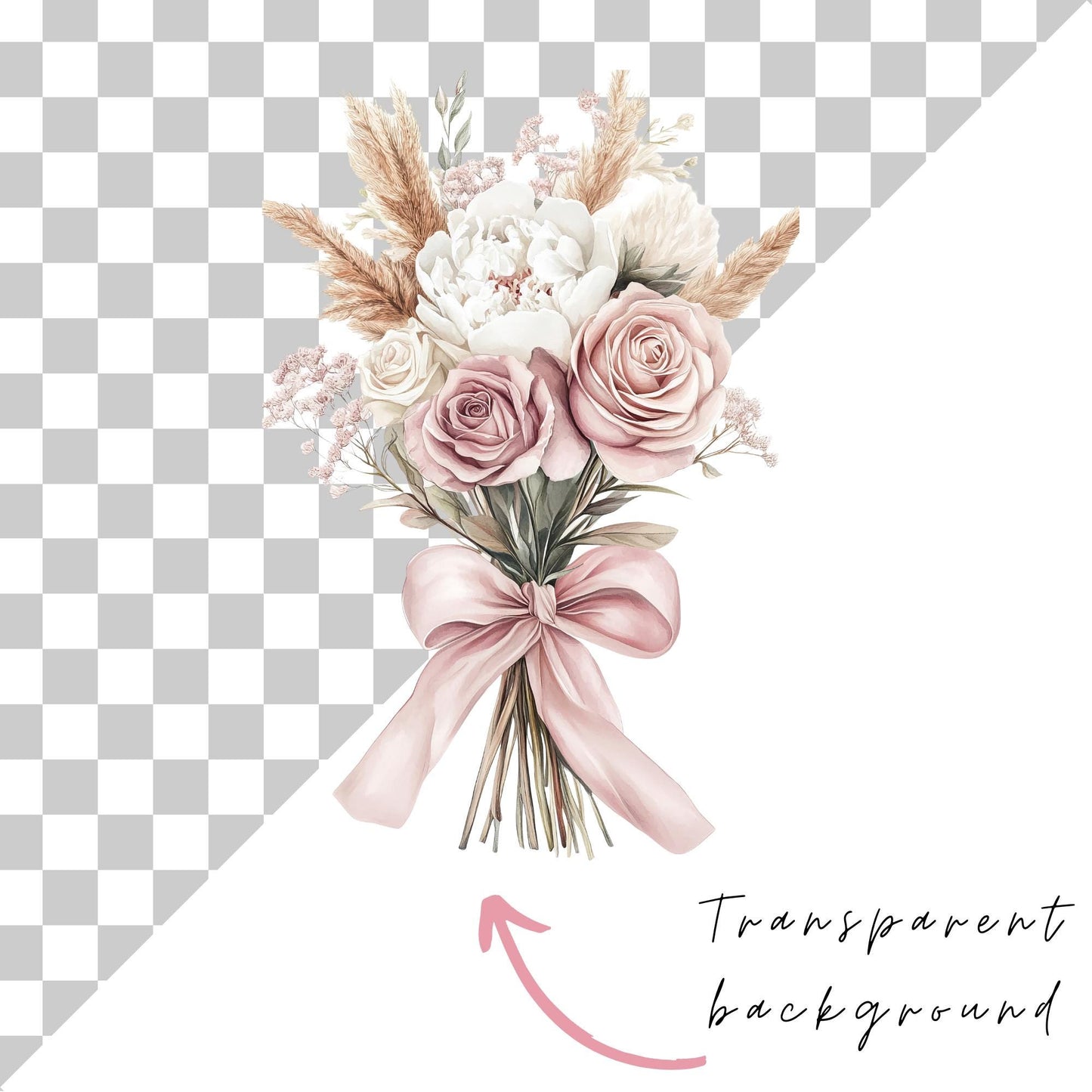 Clipart de pampas florales rosas en acuarela