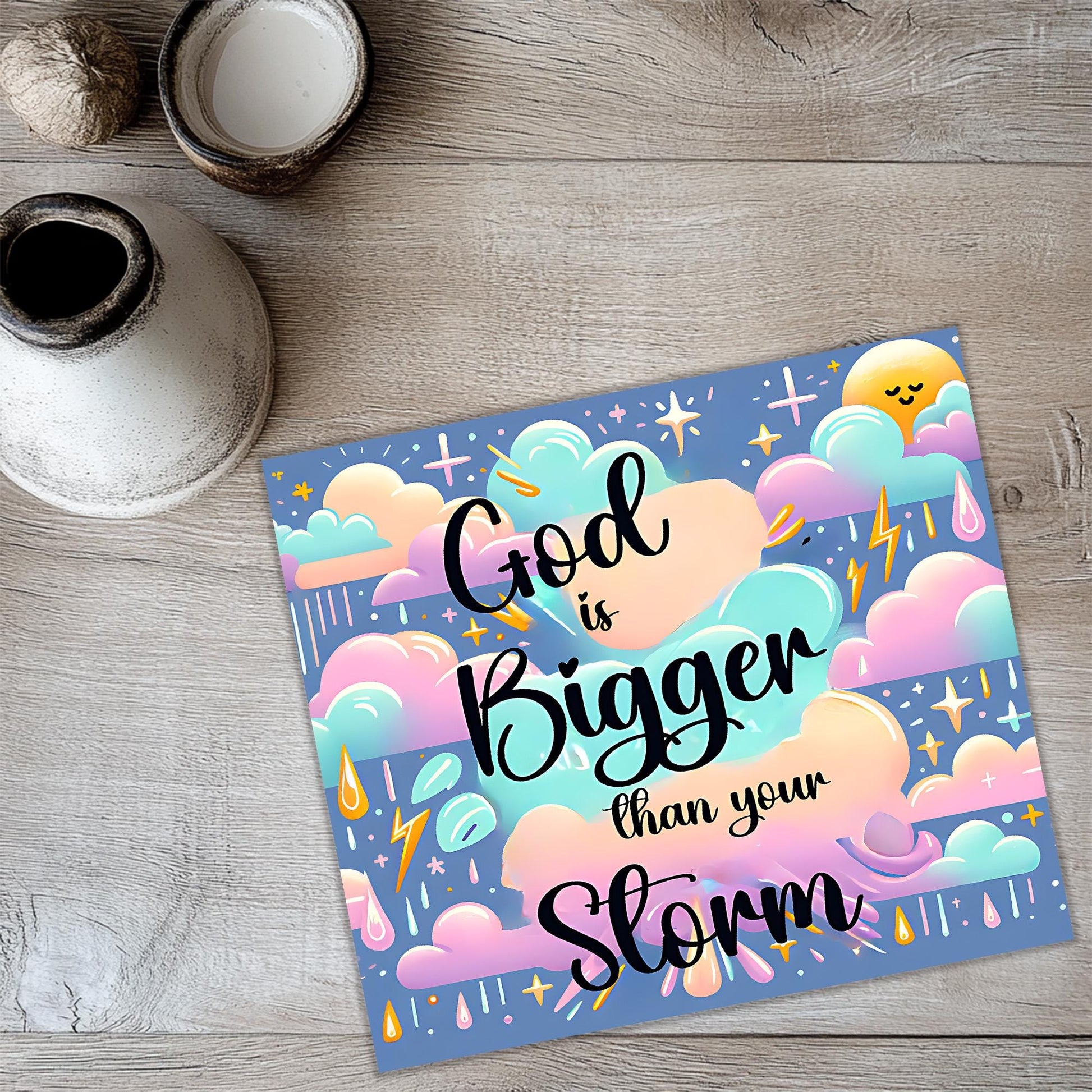 a card with a picture of clouds and stars on it