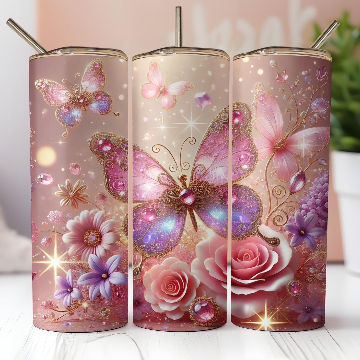 a set of three vases with flowers and butterflies on them