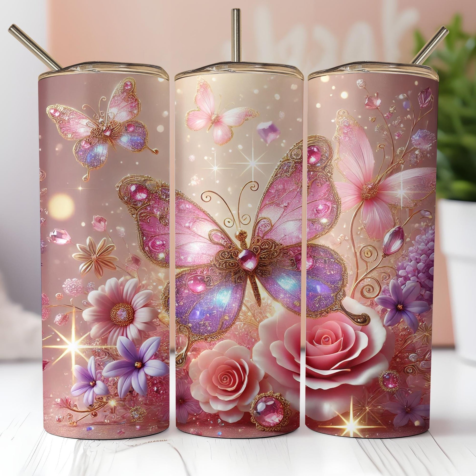 a set of three vases with flowers and butterflies on them