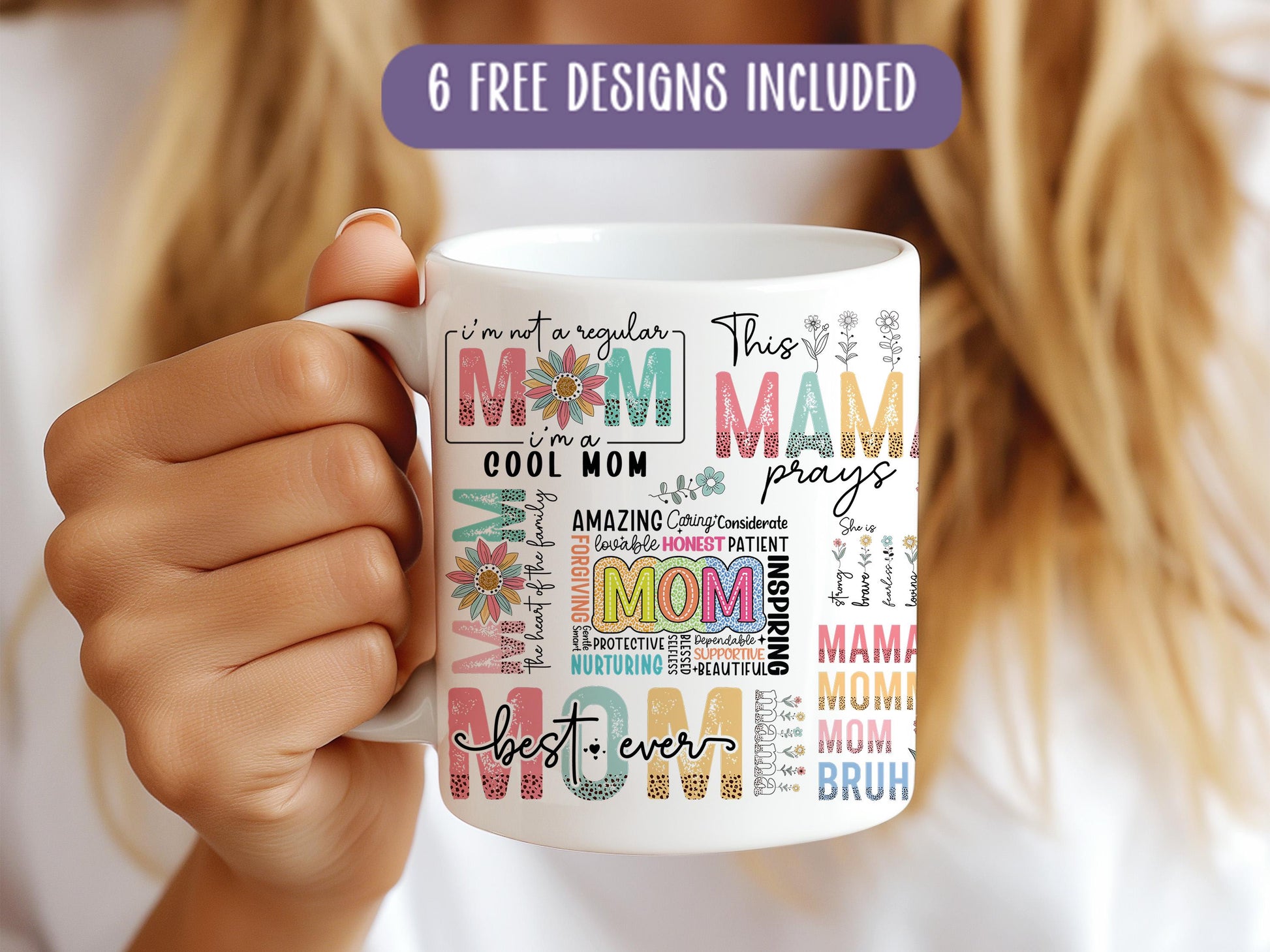 a woman holding a coffee mug with the words mom printed on it
