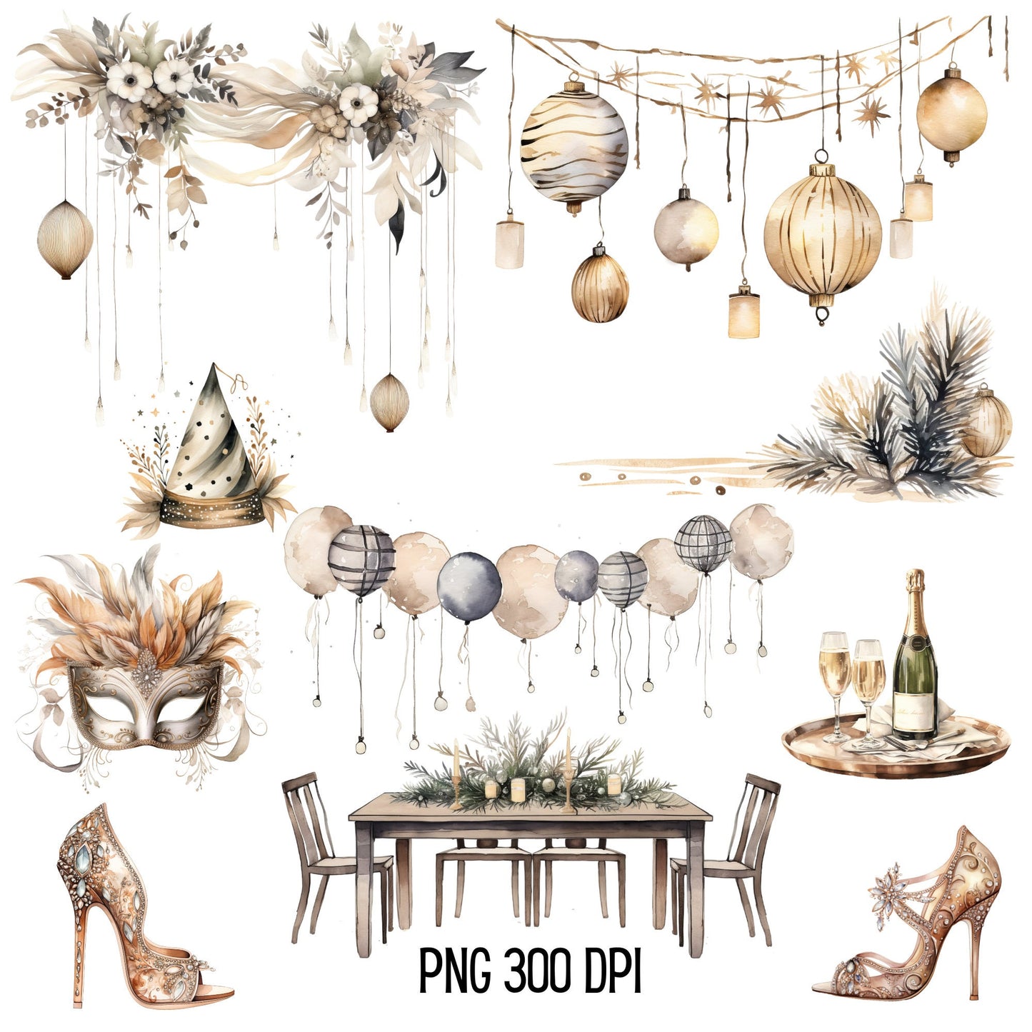 Watercolor Boho New Years Eve Clipart
