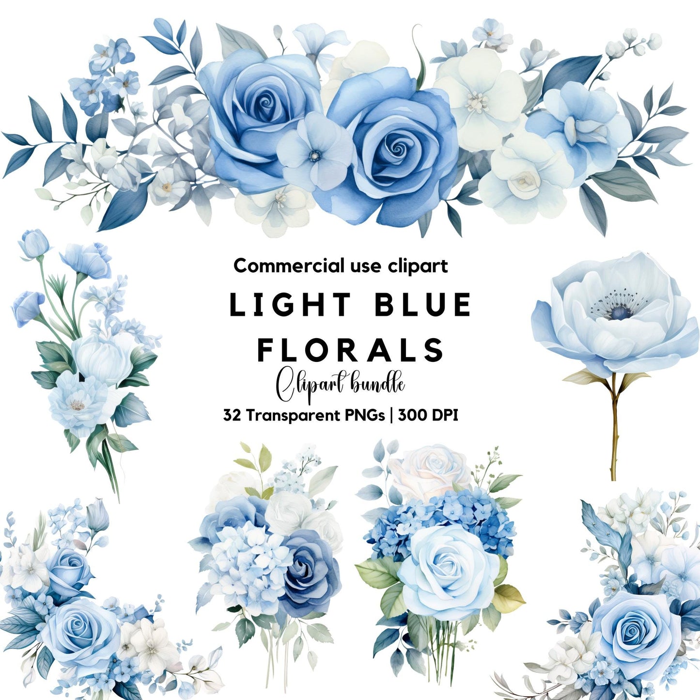Watercolor Light Blue Floral Clipart