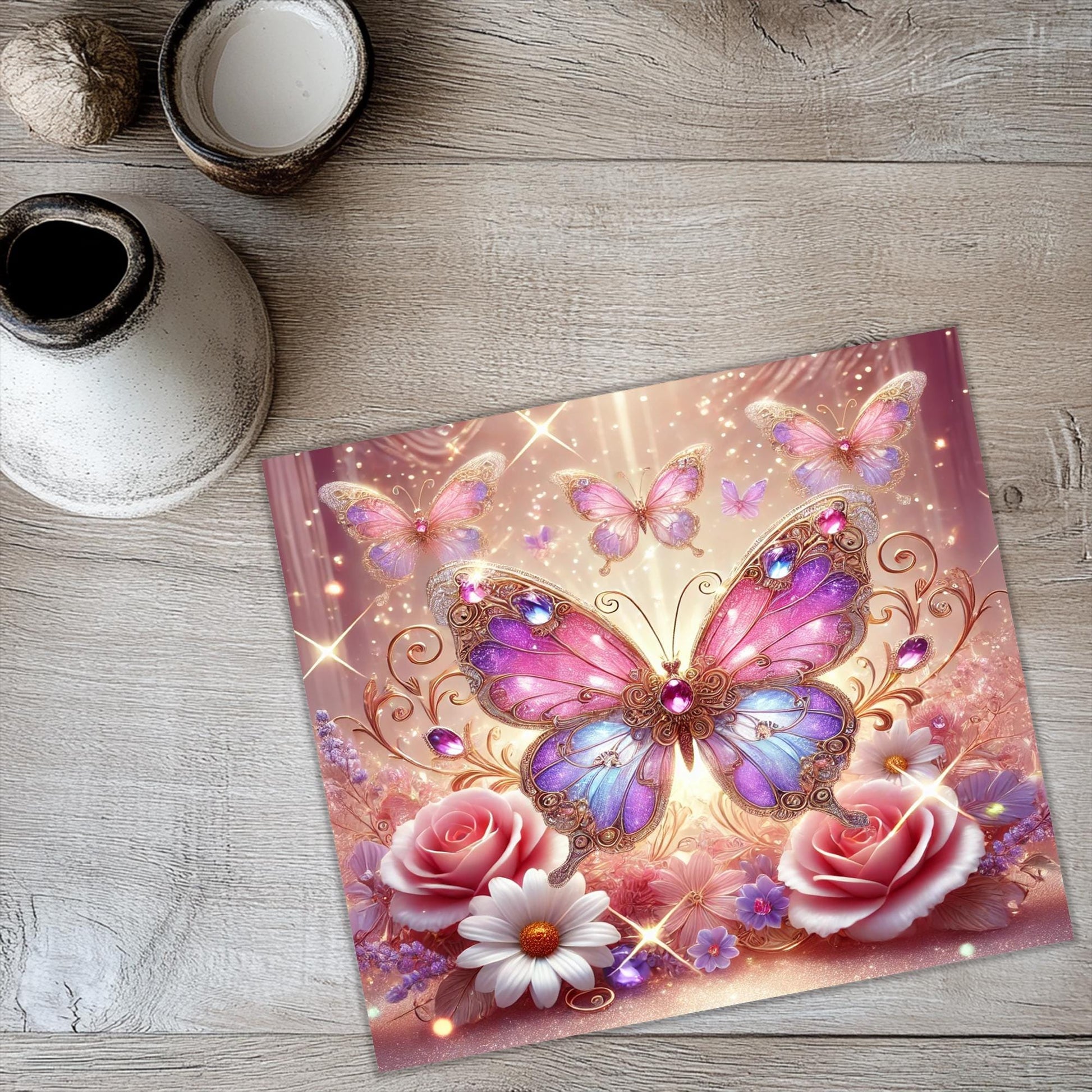 a picture of a butterfly and flowers on a table