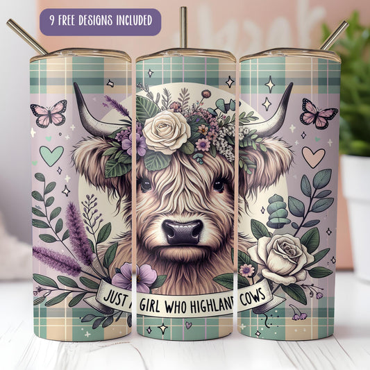 a set of three travel mugs with a cow and flowers on them