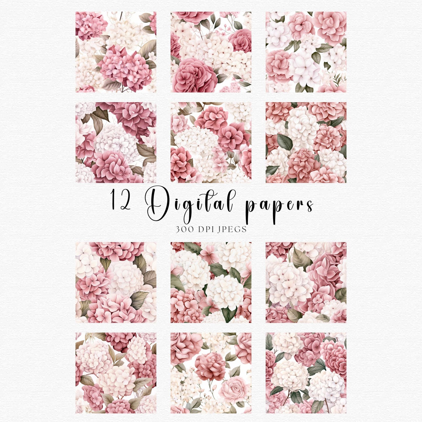 Papeles digitales florales de acuarela con hortensias y rosas en color rosa polvoriento