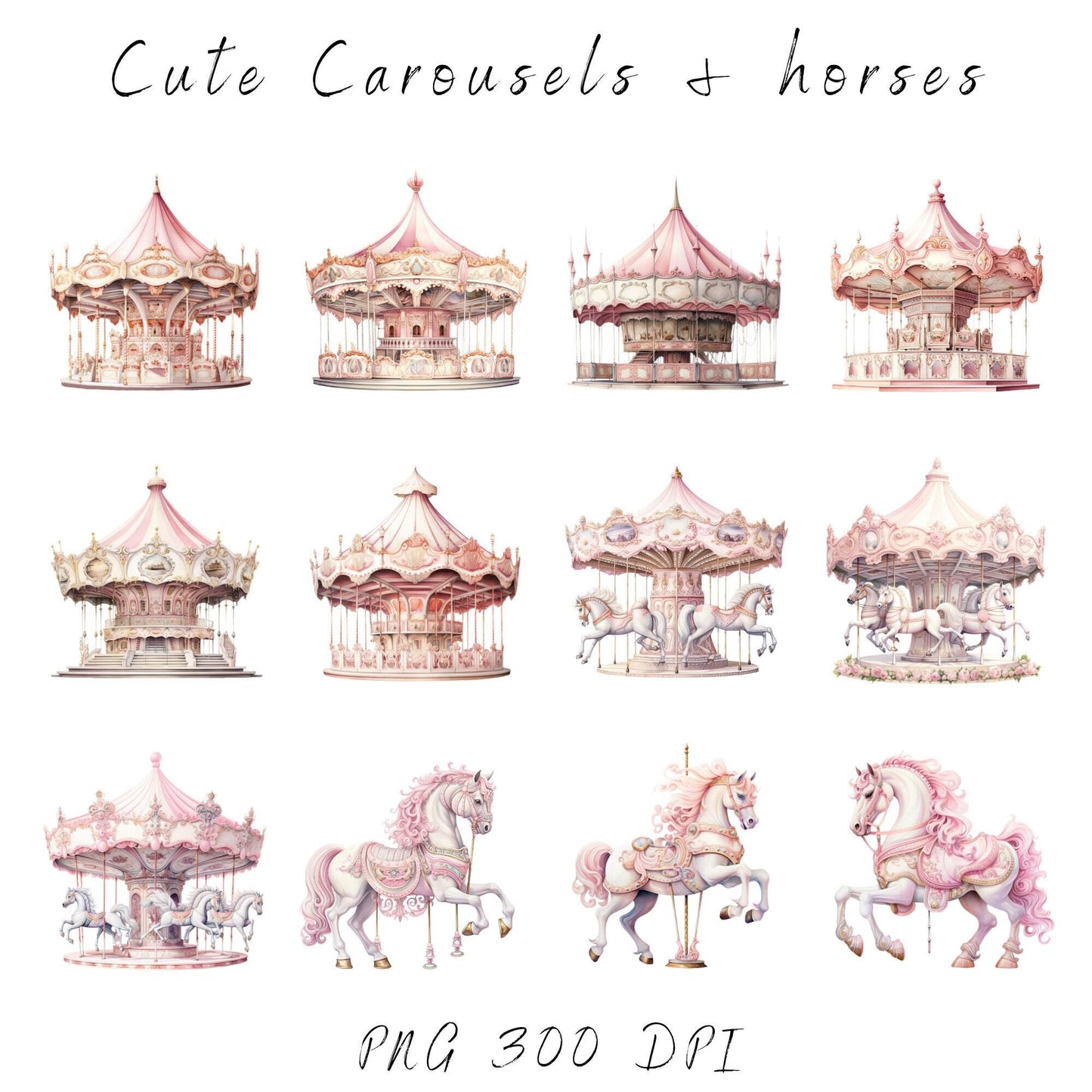 Watercolor Soft Pink Horse & Carousel