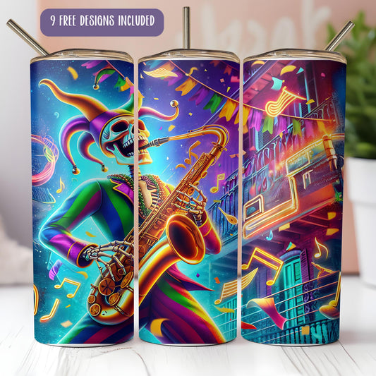 a colorful painting of a skeleton playing a saxophone